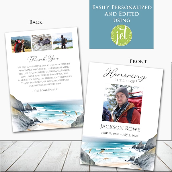 Editable Beach Outdoors Ocean Photo Memorial Funeral Program Template Printable Celebration Celebrating the Life Collage Honoring