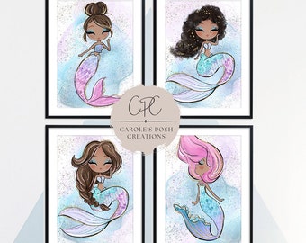 Black Mermaid Wall Art, Girls Room Wall Decor, Mermaid Nursery Art, Toddler Girl Room Prints, Little Girls Printable, digital download art