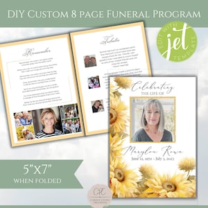 8-page Beautiful Yellow Sunflowers Funeral Program Template, Editable Celebration of Life, Obituary Funeral Mass Program, Printable Memorial