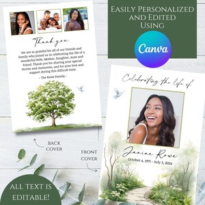 Editable Simple Photo Memorial Funeral Program Template Printable Celebrating the Life Collage Green Tree Dove Honoring Life Memory Digital