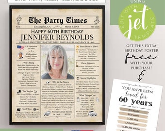 Personalized 60th Birthday Newspaper Poster, 1964 Facts for 60 Adult Birthday, Printable Decor Birthday Gift for Women Men DIGITAL DOWNLOAD