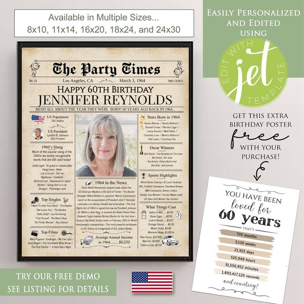 Personalized 60th Birthday Newspaper Poster, 1964 Facts for 60 Adult Birthday, Printable Decor Birthday Gift for Women Men DIGITAL DOWNLOAD