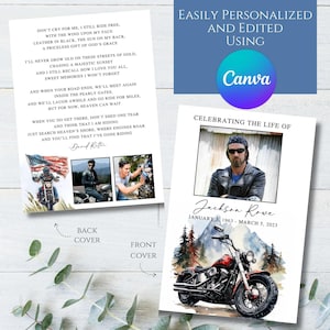 以下が含まれることがあります： バイクと山の水彩イラストが描かれた追悼カード。「Celebrating the Life of Jackson Rowe」と日付が表紙に記載。裏表紙には詩と写真が掲載されています。