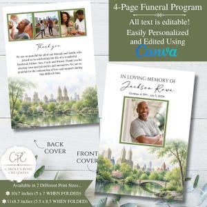 May include: A 4-page funeral program with editable text, featuring a landscape image and family photos. The front cover displays "In Loving Memory of Jackson Rowe" and the back cover includes a thank you message. Available in 10x7 and 11x8.5 inch sizes.