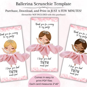 Ballerina Scrunchie Kartenvorlage, Balletttänzer Gastgeschenk, Ballerina Prinzessin personalisierte Tag Scrunchie Halter Bearbeitbarer digitaler Download