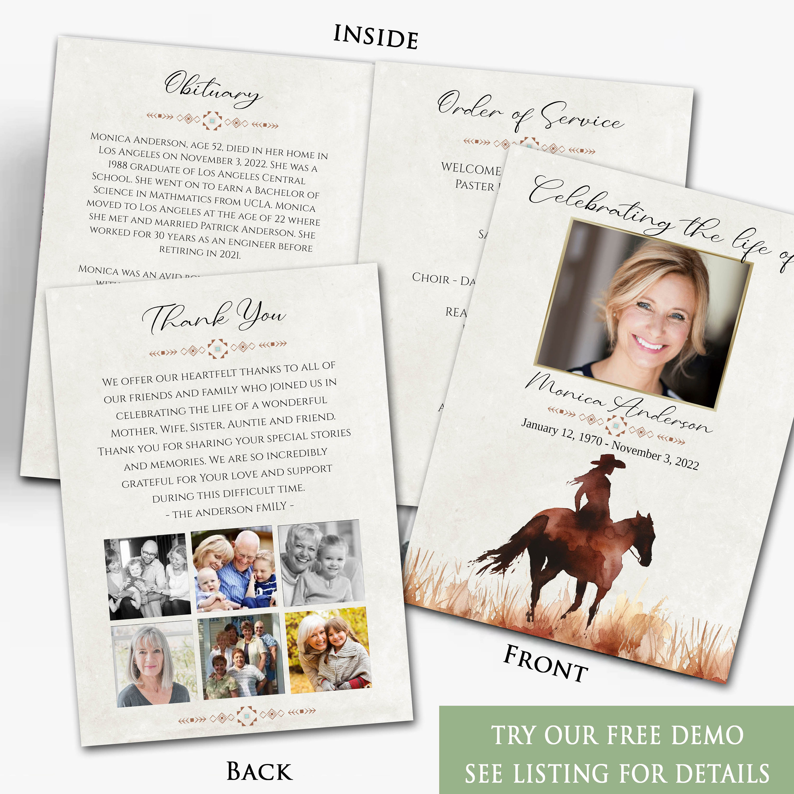 Editable Cowgirl Western Outdoors Horse Photo Memorial Funeral Program ...