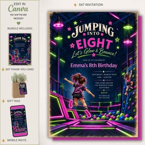 Puede incluir: Una plantilla de invitación de cumpleaños 5x7 con un parque de trampolines de neón y un niño saltando. El texto dice Jumping into Eight, Let's Glow & Bounce, Emma's 8th Birthday, fecha, hora, lugar y detalles de RSVP. Incluye tarjeta de agradecimiento y etiqueta.