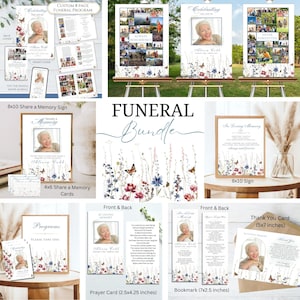 Op de afbeelding: Begrafenispakket met een bloemmotief. Bevat een programma, een 8x10 bord, 4x6 kaarten om een ​​herinnering te delen, een gebedskaart, een bladwijzer en een bedankkaart. Alle items hebben een bloemmotief met vlinders en een foto van de overledene.