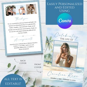 Editable Beach Outdoors Ocean Photo Memorial Funeral Program Template Printable Celebration Celebrating the Life Collage Honoring