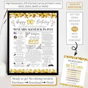 90th Birthday Newspaper Poster, Back in 1935 Facts for 90 years Adult Birthday, Printable Gift Dad Mom Grandpa Grandma Balloons NOT EDITABLE