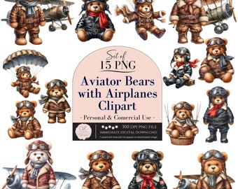 Watercolor Aviator Bear Clipart, Pilot Teddy Bear PNG (Digital Download)
