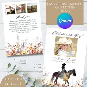 Cowgirl Funeral Program Template, Western Memorial (Editable Canva Template)