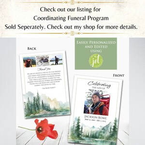 May include: A funeral program template with a watercolor background of a forest and a lake. The front of the program features a photo of a man in a forest setting and the text "Celebrating the Life of Jackson Rowe June 12, 1990 - July 3, 2023". The back of the program features a thank you message and three photos of the deceased.