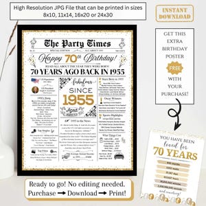 Zeitungsposter zum 70. Geburtstag, 1955 Fakten zum 70 Jahre Geburtstag für Erwachsene, druckbares Geschenk für Frauen Männer, NICHT EDITIERBARER digitaler Download