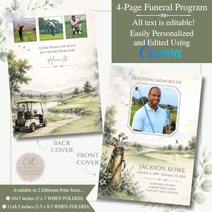 May include: A 4-page funeral program template featuring a golf course theme with watercolor illustrations of a golf cart and bag. The front cover displays a portrait of a person, the name Jackson Rowe, and dates. Text includes Gone from our sight.