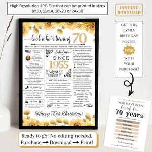 Zeitungsposter zum 70. Geburtstag, 1955 Fakten für 70 Jahre Geburtstagsdruck für Mama Blumen gelbe Sonnenblumen NICHT EDITIERBAR
