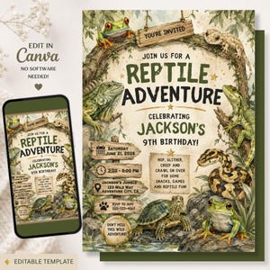 Könnte beinhalten: Eine digitale Geburtstagseinladungsvorlage mit Reptilien-Motiv, illustriert mit Frosch, Eidechse, Schlange und Schildkröte. Der Text lautet: YOU'RE INVITED, JOIN US FOR A REPTILE ADVENTURE, CELEBRATING JACKSON'S 9TH BIRTHDAY, sowie Veranstaltungsdetails.