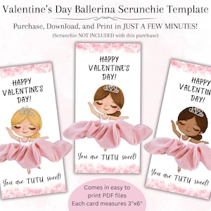 Valentijnsdag ballerina scrunchie kaartsjabloon, balletdanser Valentine, ballerina prinses tag scrunchie houder, digitale download