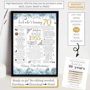 Zeitungsposter zum 70er Geburtstag, 1955 Fakten zum 70 Jahre Geburtstag, druckbares Geschenk für Mama, blaue gelbe Blumen, NICHT EDITIERBAR