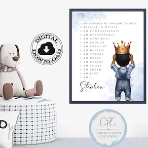 African American Personalized Name Positive Affirmations Art Print, Black Boy Affirmations Wall Art, Toddler Bedroom, Digital Downloadable