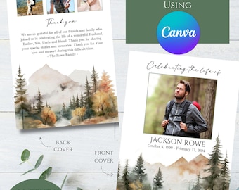 Editable Mountain Outdoors Forest Hiker Photo Memorial Funeral Program Template Printable Celebration Celebrating the Life Collage Honoring