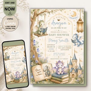 Op de afbeelding: Een uitnodiging voor een babyshower met aquarelillustraties van draken, een kasteel en boeken. De tekst luidt: A little dragon is on the way! Please join us for a baby shower honoring Mary Smith, Saturday March 15th, 11:00 AM, Sally's House.