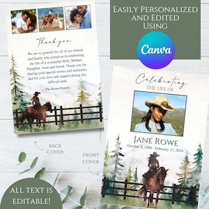 Editable Cowgirl Western Outdoors Mountain Photo Memorial Funeral Program Template Printable Celebration of Life, Honoring the Memory Cowboy