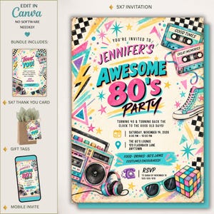Puede incluir: Una plantilla de invitación de 5x7 con gráficos de los años 80 que incluyen un radiocasete, cintas de casete, zapatillas altas, un cubo de Rubik y gafas de sol. El texto dice Jennifer's Awesome 80's Party, con detalles del evento y RSVP.