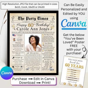 Afiche de periódico personalizado para el 60.° cumpleaños, datos de 1965 para el 60.° cumpleaños de un adulto, regalo de cumpleaños imprimible para una mujer o un hombre, edición de Canva DIY