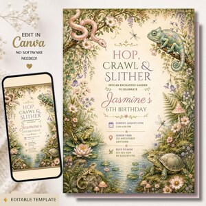 Könnte beinhalten: Eine bearbeitbare digitale Geburtstagseinladung mit einer Gartenszene, die eine Schlange, ein Chamäleon, einen Frosch, eine Schildkröte und eine Eidechse zeigt. Der Text lautet Hop, Crawl & Slither zur Feier von Jasmines 6. Geburtstag.