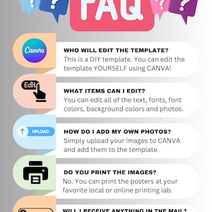 May include: A pink and white graphic with the word "FAQ" in large white letters. The graphic includes five steps for editing and printing a digital template using Canva. The steps include: who will edit the template, what items can be edited, how to add photos, do you print the images, and will I receive anything in the mail.
