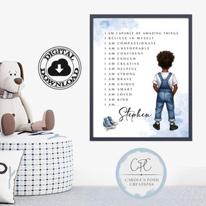 African American Personalized Name Positive Affirmations Art Print, Black Boy Affirmations Wall Art, Toddler Bedroom, Digital Downloadable
