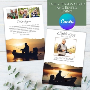 Editable Fishing Mountain Outdoors Fisherman Photo Memorial Funeral Program Template Printable Celebration Celebrating the Life Sunset Canva
