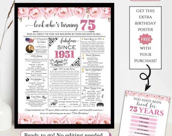 Zeitungsposter zum 75. Geburtstag, 1951 Fakten zum 75 Jahre Geburtstag für Erwachsene, druckbares Geschenk für Frauen Mutter Oma Pink Peony NICHT BEARBEITBAR