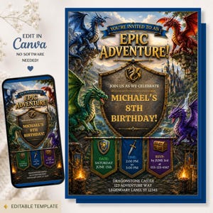 May include: A digital birthday invitation template featuring a fantasy theme with blue, red, green, and purple dragons surrounding a central shield. The text reads: You're invited to an epic adventure, Michael's 8th birthday, date, time, and RSVP.