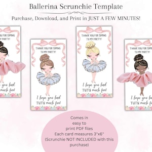 Ballerina Scrunchie Kartenvorlage, Balletttänzer Gastgeschenk, Ballerina Prinzessin personalisierte Tag Scrunchie Halter Bearbeitbarer digitaler Download