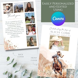 Editable Cowgirl Western Outdoors Horse Photo Memorial Funeral Program Template Printable Celebration Celebrating the Life Honoring Editable
