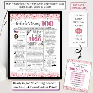 May include: A black framed 100th birthday poster with pink floral accents. The poster includes facts from 1926, such as the US population, president, slang, top songs, and films. It also has a bonus poster.