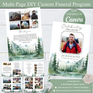 8-10 page Funeral Program Template, Editable Mountain Outdoors Forest Hiker Photo Celebration of Life, Printable Obituary Funeral Memorial