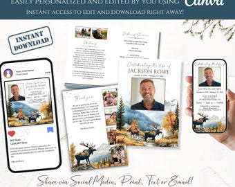 Editable Moose Mountain Photo Funeral Invitation Program Template, Digital & Print Funeral Memorial Service , Digital Invite, Digi Evite
