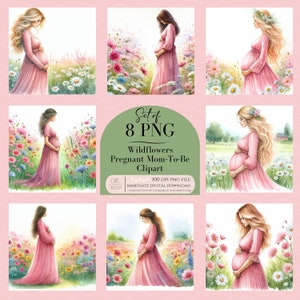 Akwarela Różowa Mama-Przyszła Ciąża Clipart, Baby shower Boho Kwiaty Polne Stokrotki. Komercyjne zastosowanie, ciężarna kobieta kwiaty Clipart, PNG