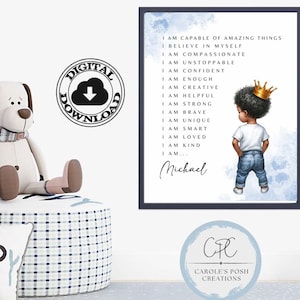 African American Personalized Name Positive Affirmations Art Print, Black Boy Affirmations Wall Art, Toddler Bedroom, Digital Downloadable