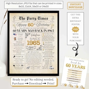 60th Birthday Newspaper Poster, Back in 1965 Facts for 60 Years Adult Birthday, Printable Gift for Women Men, NOT EDITABLE Digital Download