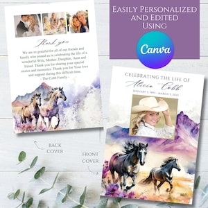Editable Cowgirl Western Outdoors Horse Photo Memorial Funeral Program Template Printable Celebration Celebrating the Life Honoring Editable