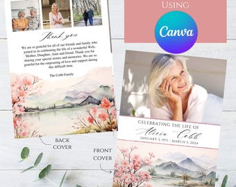 Editable Mountain Outdoors Forest Beautiful Photo Memorial Funeral Program Template Printable Celebration of Life Collage Cherry Blossoms