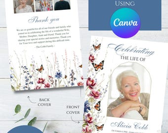 Editable Wildflower Floral Butterfly Butterflies Memorial Program Funeral Template, Printable Celebration Celebrating the Life | Bi-fold