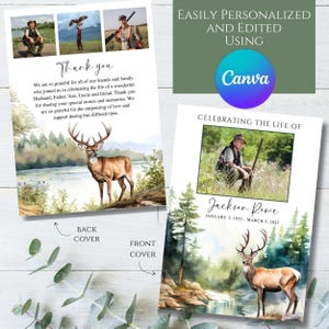 May include: A memorial card with a watercolor background of a forest scene with a deer. The card has a photo of a man in a hunting outfit and the text "Celebrating the Life of Jackson Rowe January 3, 1953 - March 5, 2023". The back of the card has a thank you message and a collage of photos.