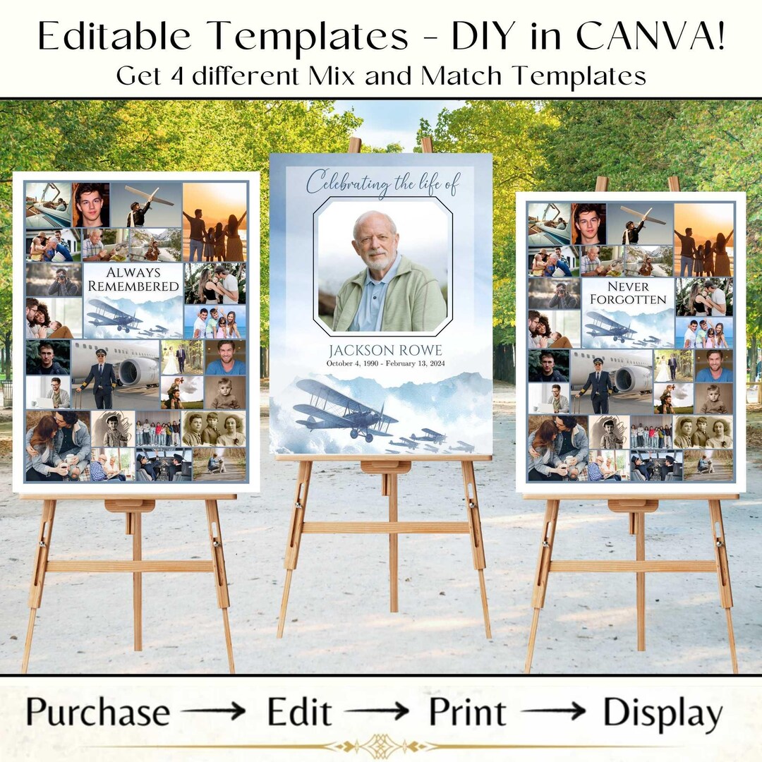 Set of 3 Editable Airplane Pilot Funeral Photo Collage Templates