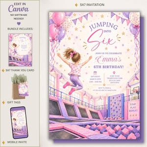 May include: A 5x7 birthday invitation template featuring a girl jumping on a trampoline in a park with pink and purple balloons, stars, and bunting. The text reads Jumping into Six, Emma's 6th Birthday, with event details and a Jump Play Repeat sign.