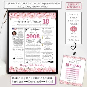 May include: A black framed 18th birthday poster with pink floral accents. The poster includes facts from 2008, such as the US President, top songs, and movies. The text "look who's turning 18" is displayed at the top.